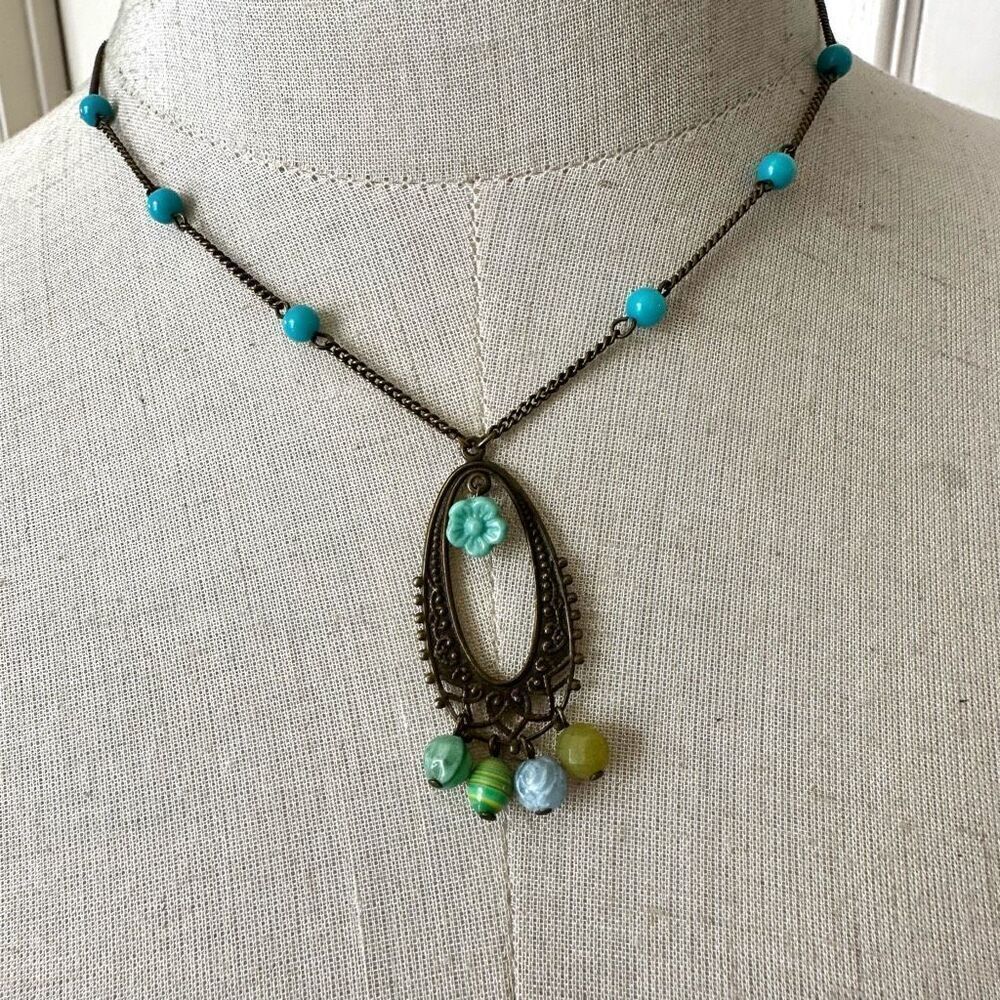 Rachel Blue and green beaded pendant necklace